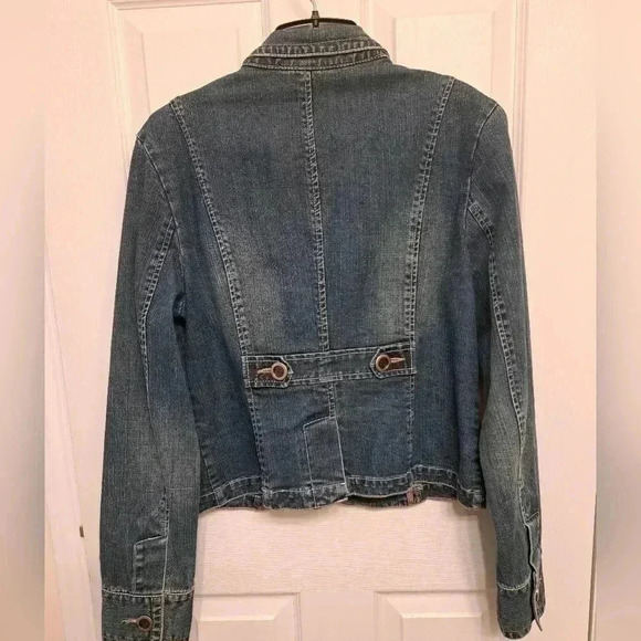 Denim Jacket 2 Button  Blazer Blue Size 11 Stretch Mid Wash - Picture 3 of 6
